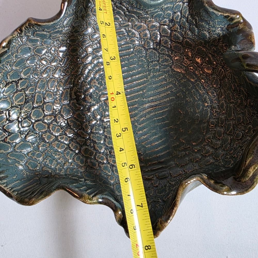 Handmade Studio Pottery Teal Brown Textured Pedestal Handle Bowl Artisan Signed - Picture 5 of 10